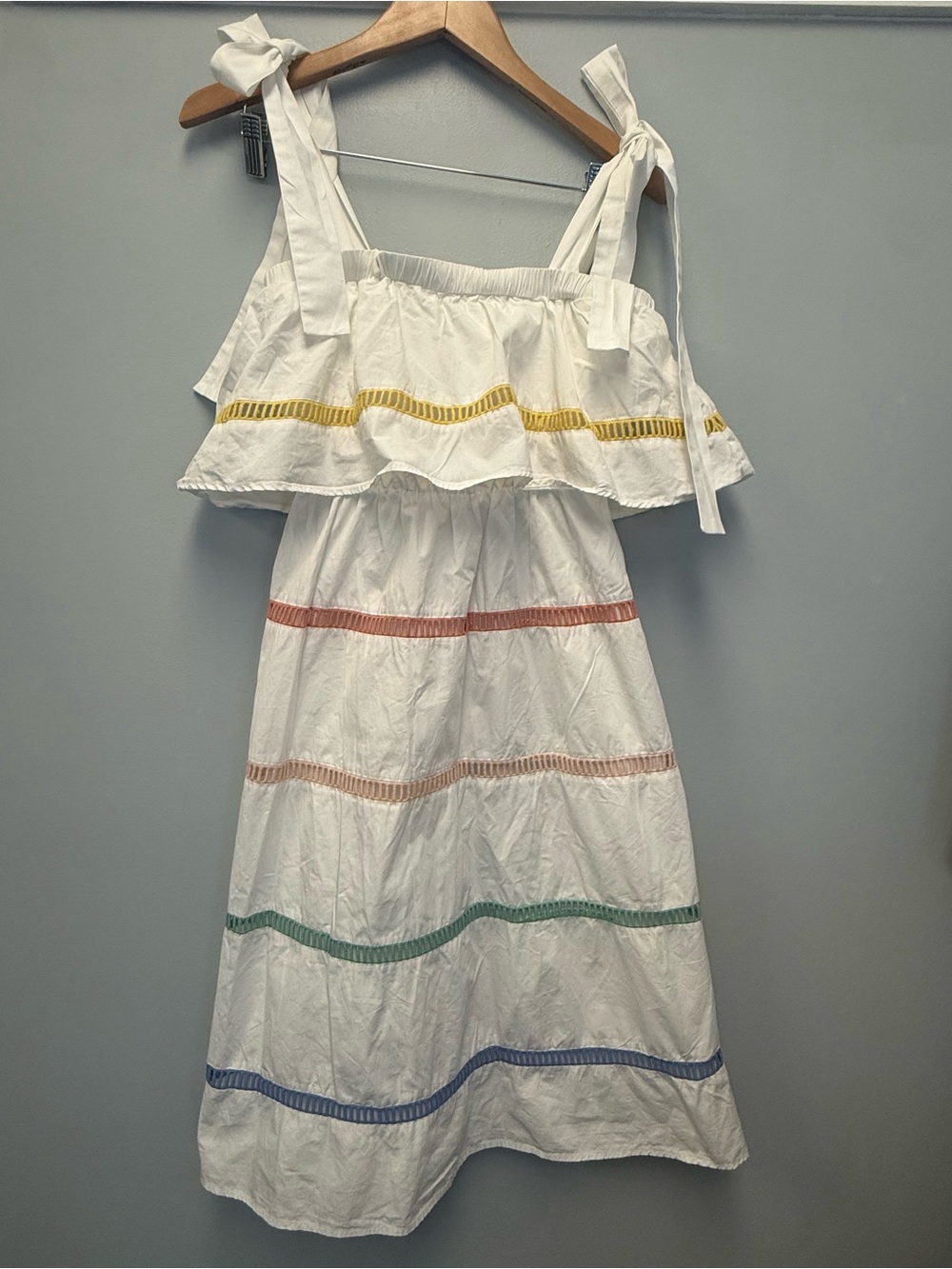 English Factory Rainbow Ladder Lace Trim White Poplin Dress Tie Strap Size XS